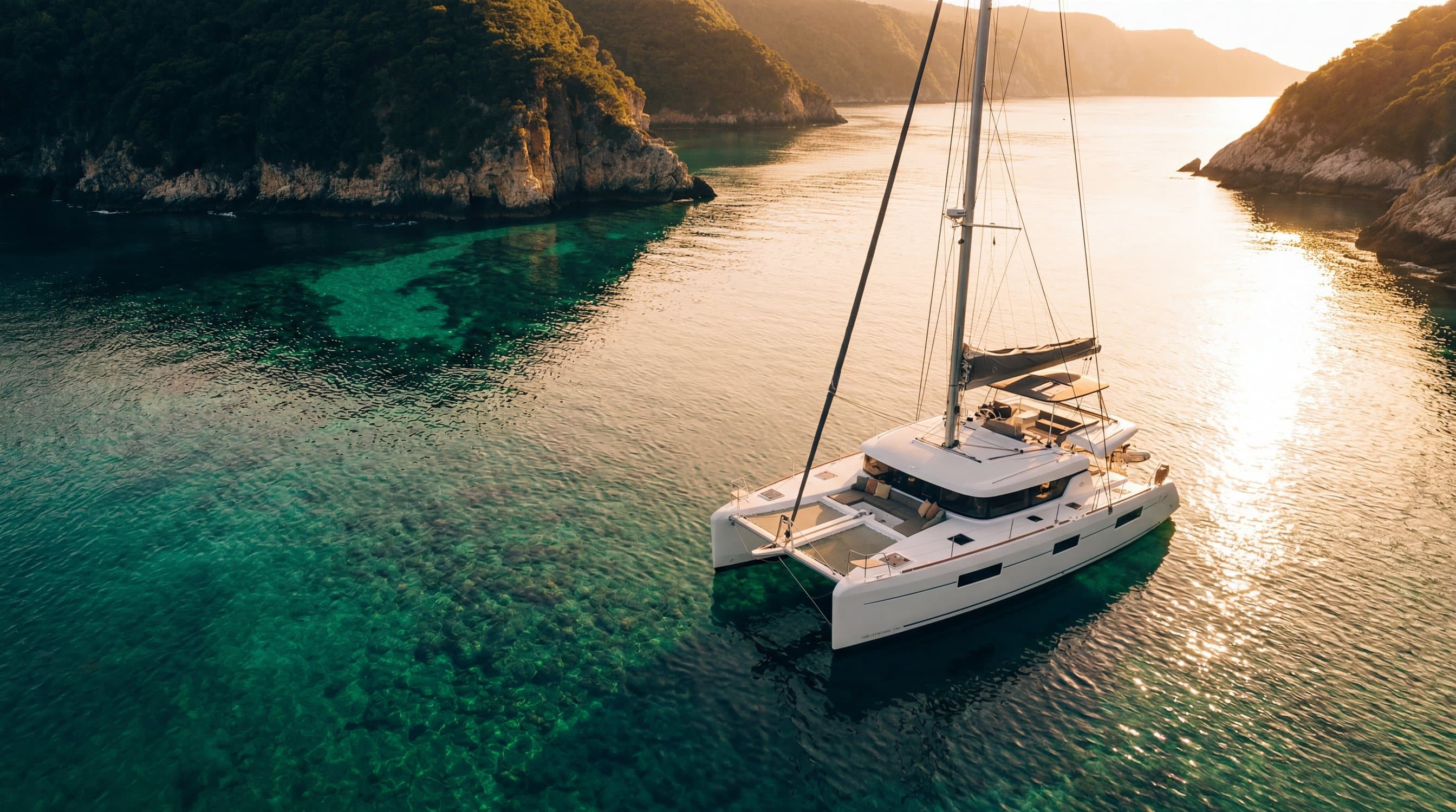 Aerial golden-hour view of a luxury sailing catamaran in a turquoise Mediterranean bay